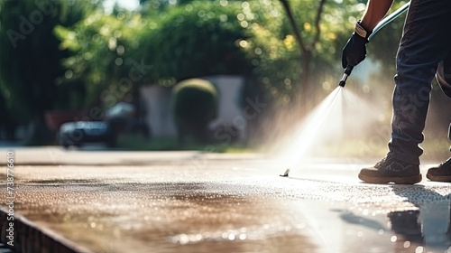 man is cleaning Driveway Using Clean Dirty Powerful	
