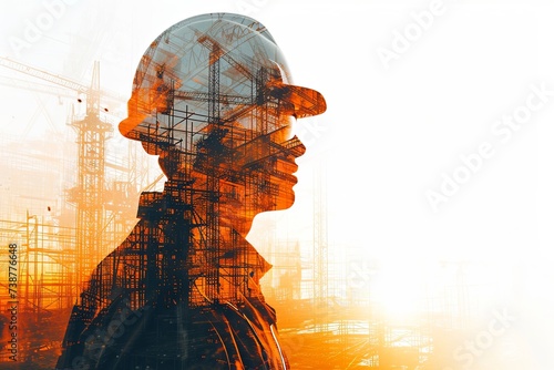 Building construction engineer illustration with double exposure graphic design and Building engineers, architect people or construction workers working