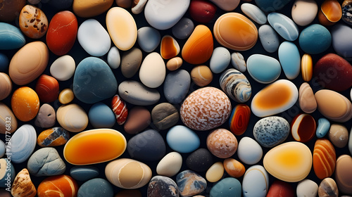 Close-up of colorful polished pebbles, close-up of stone photo