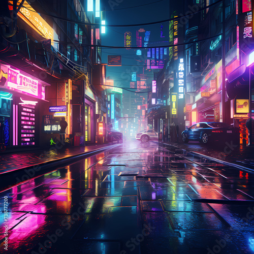 A cyberpunk street with neon lights and reflection 