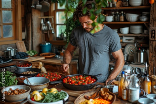 A man in casual clothing stands in his well-lit kitchen, surrounded by an array of fresh produce and local ingredients as he prepares a colorful and wholesome meal in a mixing bowl, utilizing various