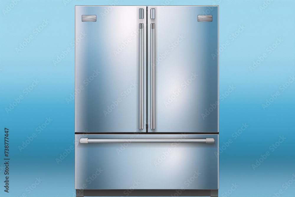 A stainless steel French door refrigerator with 3 doors against a blue background. A stainless steel French door refrigerator with 3 doors against a blue background.