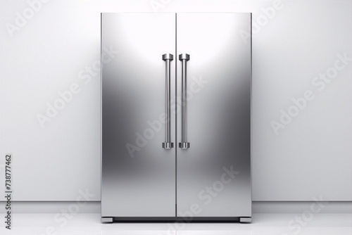 A stainless steel refrigerator with two doors and silver handles stands in a white room. photo