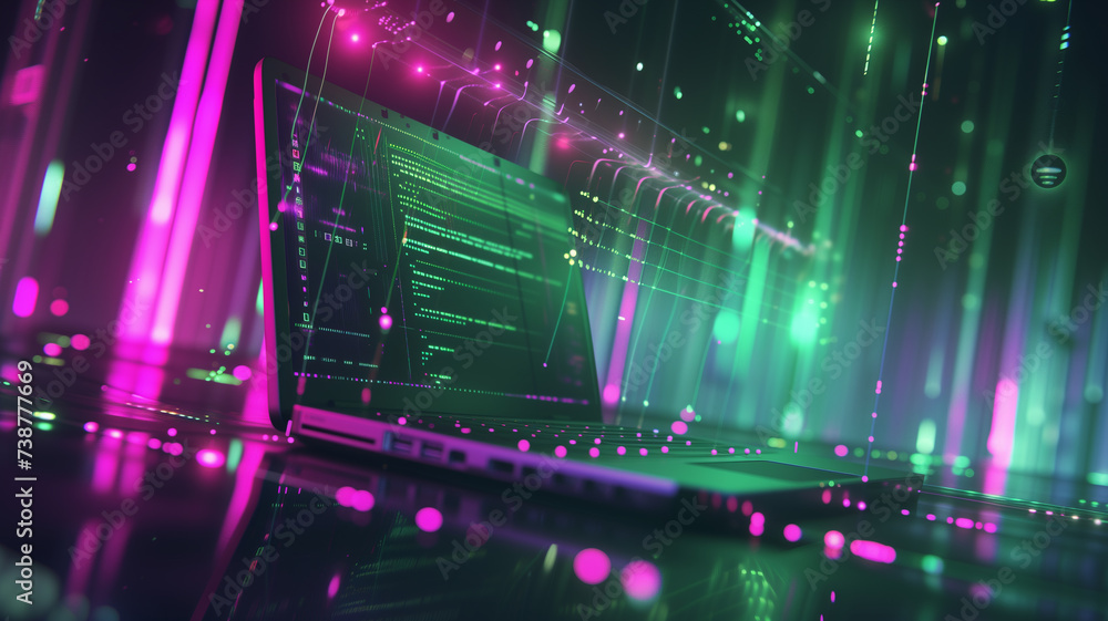 laptop emitting vibrant neon green and purple lights, surrounded by floating holographic interfaces and futuristic data streams. laptop emitting vibrant neon green and purple lights, surrounded by floating holographic interfaces and futuristic data streams.