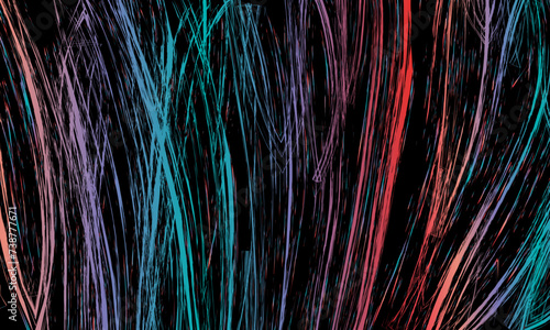 Colorful abstract lines artwork with flowing strokes on a black background. vibrant hues.