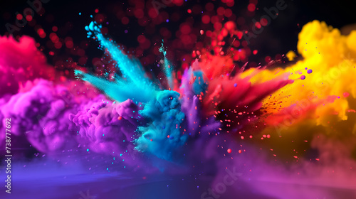 vibrant and dynamic explosion of colored powders with pink, blue, red, and yellow for holi festival on dark background