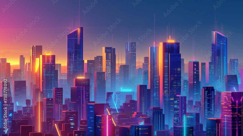 Fototapeta premium modern open space office interior in a neon cyberpunk style, blurred to suggest activity and vibrancy.