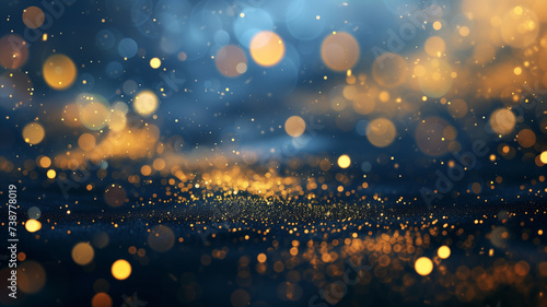 A festive navy blue background illuminated by golden light particles, creating a magical Christmas ambiance.
