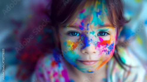portrait of cute baby girl playing and covered in holi colors and celebrating holi festival