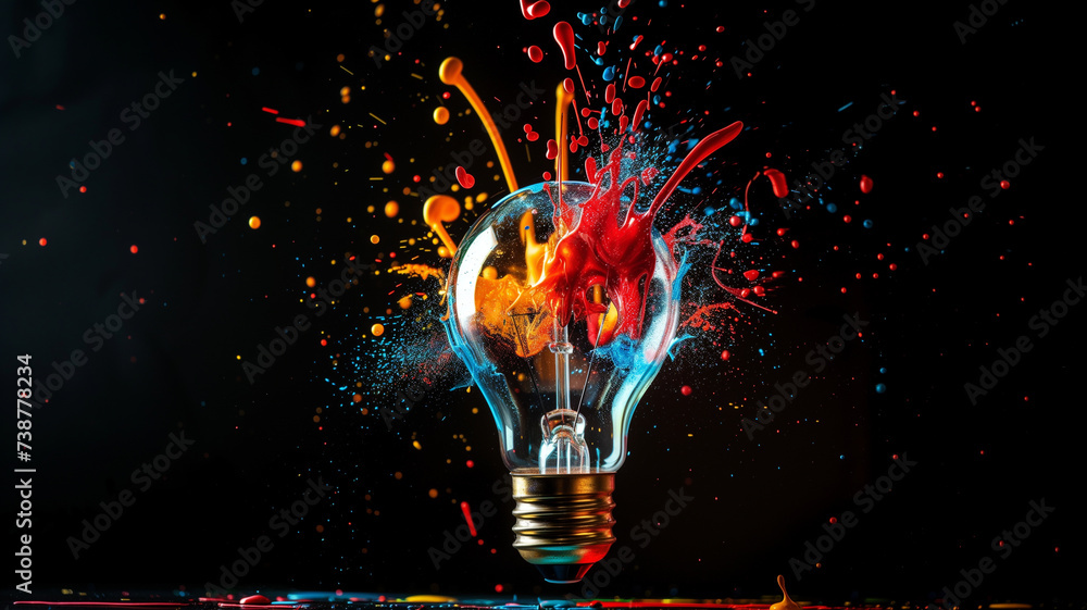 light bulb bursts, transforming into a fountain of liquid paint splashes in primary colors against a deep black background. - obrazy, fototapety, plakaty 