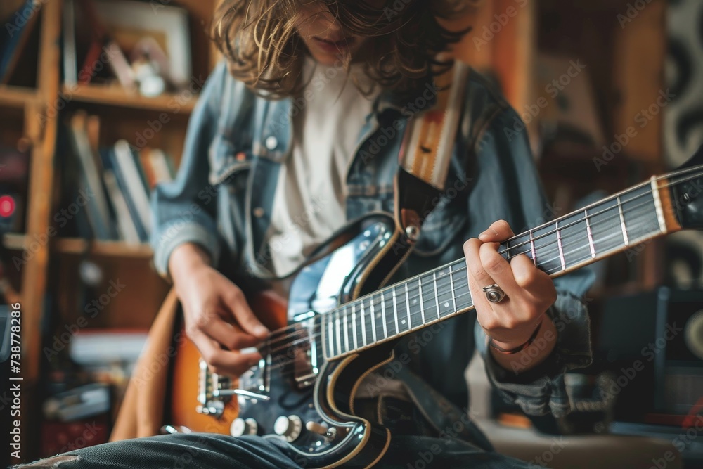 Fototapeta premium A passionate musician captivates the audience with their soulful guitar playing, their fingers dancing effortlessly on the strings as their face reflects the raw emotion of the music