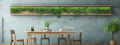 Rustic wooden table with chairs and potted plants in a green wall