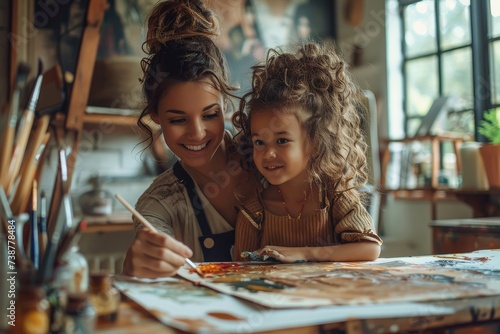 A joyful mother and daughter bond over art, their beaming faces illuminated by the soft light streaming through the window onto the cozy dining room set-up