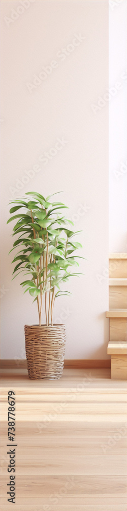 A ficus in a wicker pot stands on the floor near the stairs. - obrazy, fototapety, plakaty 