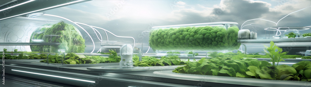 Farming tech of the future, plants growing in glass tubes with ...