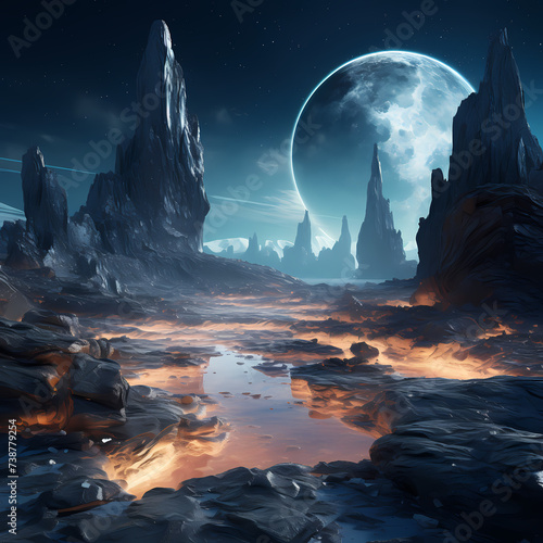 Alien landscape with crystalline rock formations.