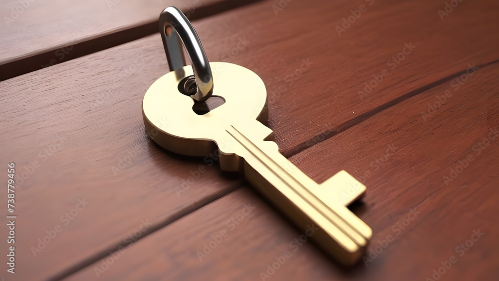 Golden Key on Rich Brown Wood - Symbolizing Security and Opportunity Golden Key on Rich Brown Wood - Symbolizing Security and Opportunity