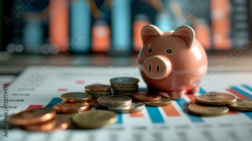 A piggy bank on a pile of coins against the backdrop of financial charts and graphs, symbolizing growth in finance and investment, focus on the piggy bank's ceramic texture.