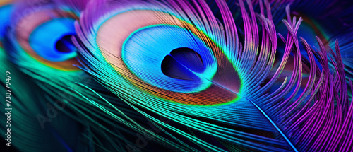 A vibrant closeup of a peacock feather showcasing its beautiful and vivid hues.