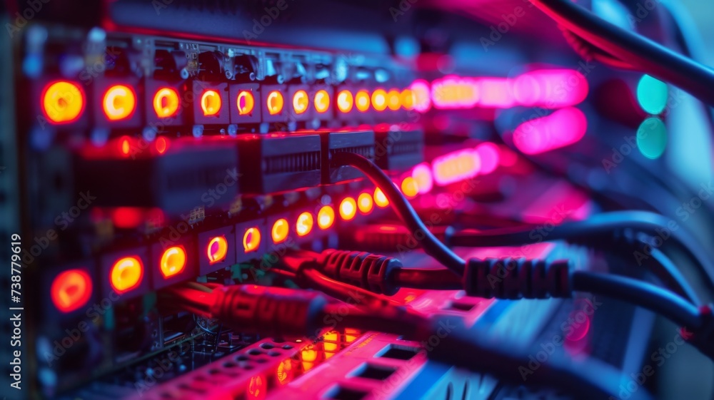 A server room with racks of computers processing blockchain transactions, with close-up on the flashing LEDs and cables, representing the backbone of cryptocurrency networks and big data processing. A server room with racks of computers processing blockchain transactions, with close-up on the flashing LEDs and cables, representing the backbone of cryptocurrency networks and big data processing.