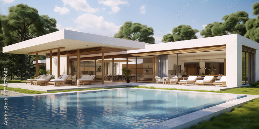 Modern house with pool and terrace, surrounded by trees and greenery