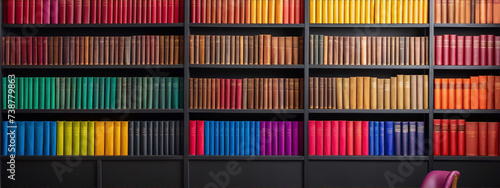 A wall of books arranged by color with a red leather chair in front