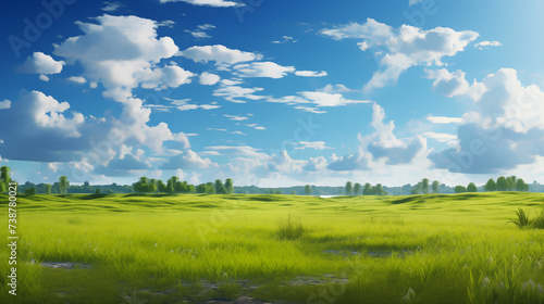 Nice view green a nice day, clouds clear sky background, Illustration