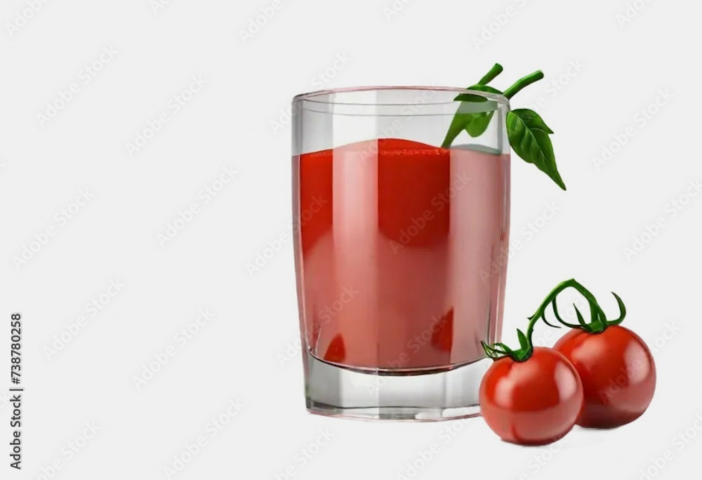 a glass of tomato juice on a white background with a sprig of two tomatoes a glass of tomato juice on a white background with a sprig of two tomatoes