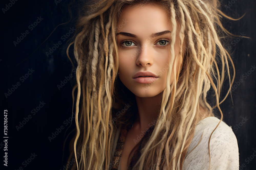 Young beautiful Caucasian woman with long blond dreadlocks Young beautiful Caucasian woman with long blond dreadlocks