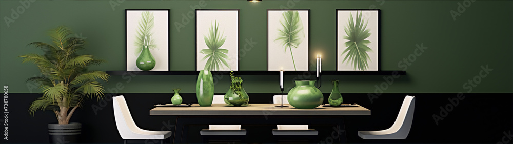 Black and white minimalist dinning room with green decorations - obrazy, fototapety, plakaty 