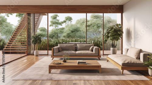 Bright and airy living room with large windows, wooden furniture, and a view of the forest.