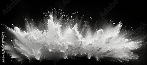 White powder explosion isolated on black background. White dust particles splash.Color Holi Festival.	