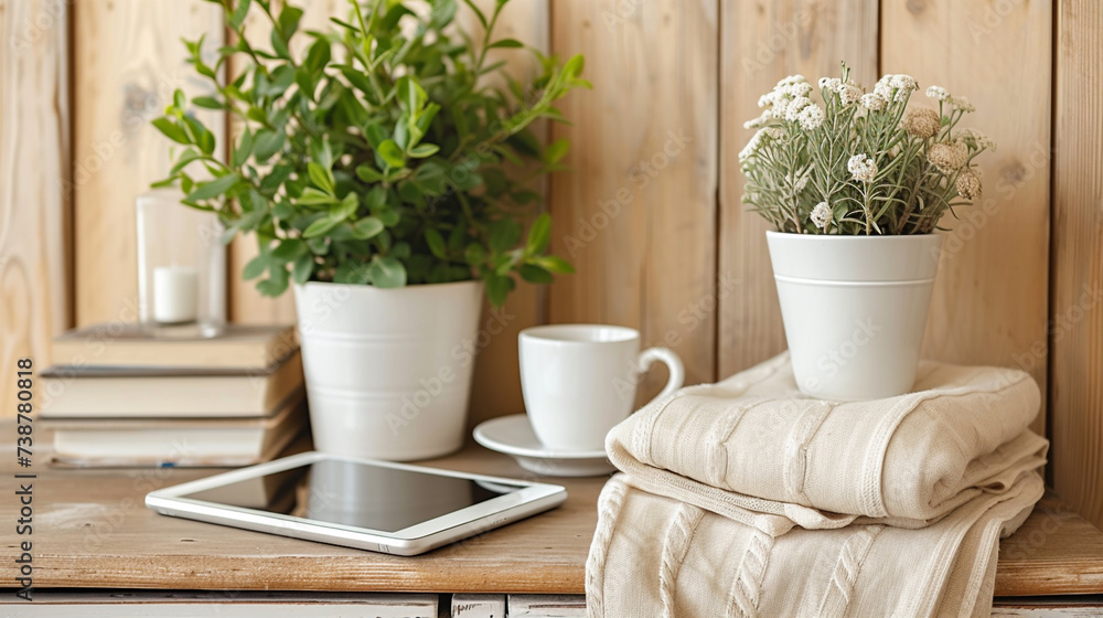 Fototapeta premium Table With Tablet Computer and Potted Plant