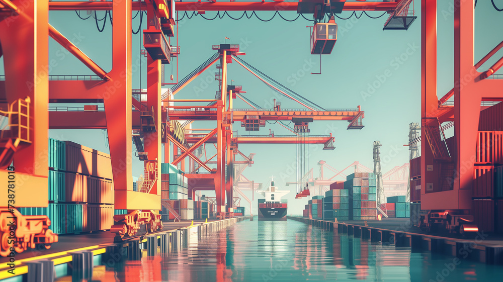 A bustling import-export dock scene under the clear blue sky, where a container ship fully loaded with boxes prepares for its next voyage. - obrazy, fototapety, plakaty 