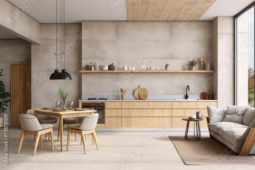 Stylish wood and concrete interior with dining table, chairs and sofa