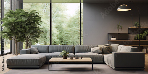 Grey couch and coffee table in a modern living room with large windows and green plants.