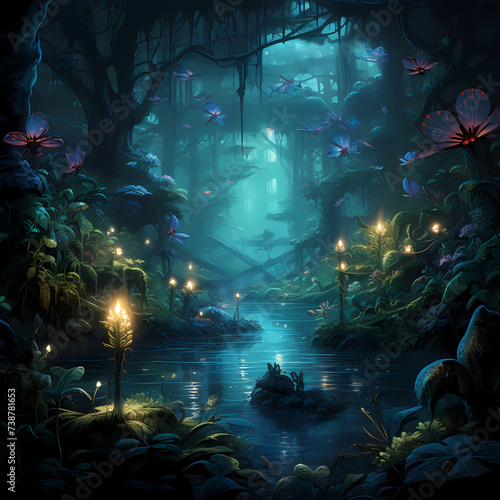 Bioluminescent jungle with fantasy creatures.