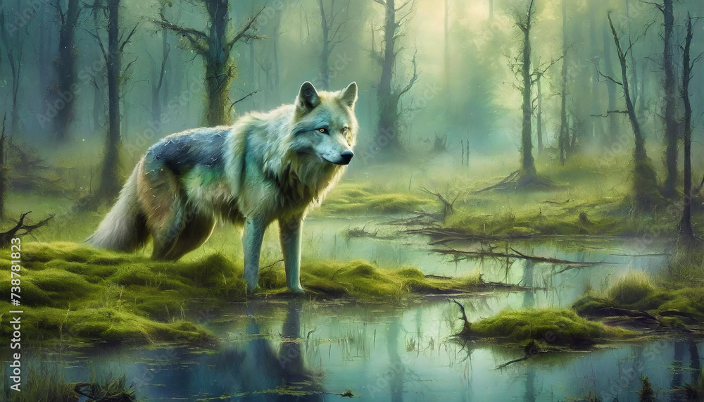 Weisser Wolf im Moor, im Sumpf, mystischer Wald - obrazy, fototapety, plakaty 