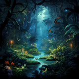 Bioluminescent jungle with fantasy creatures.