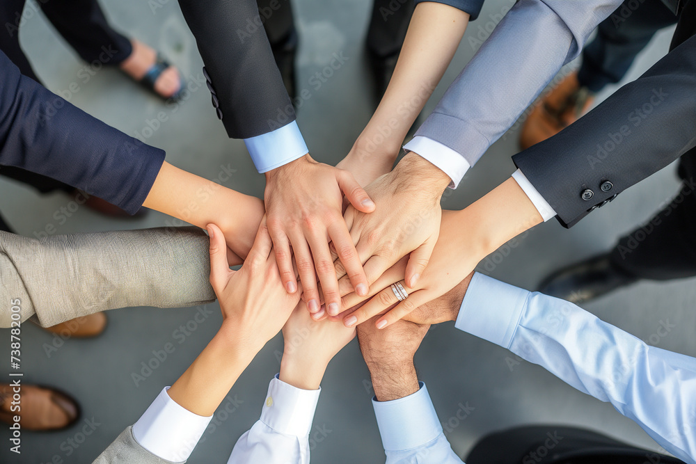 Close up top view of young business people putting their hands together. Stack of hands. Unity and teamwork concept. Generative AI. Close up top view of young business people putting their hands together. Stack of hands. Unity and teamwork concept. Generative AI.