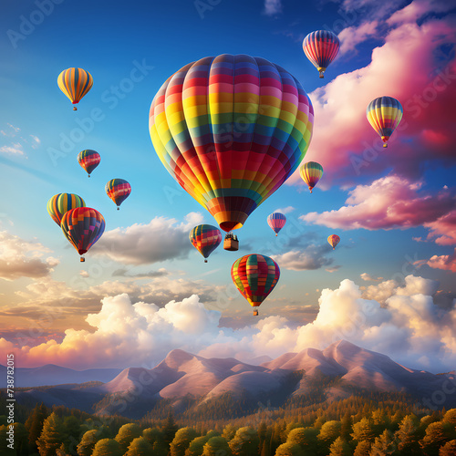 Colorful hot air balloons in a serene sky. 