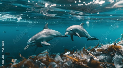 two dolphins swimming under water © VSTOCK