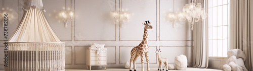 Elegant nursery with giraffe toys and soft furnishings in cream and brown.