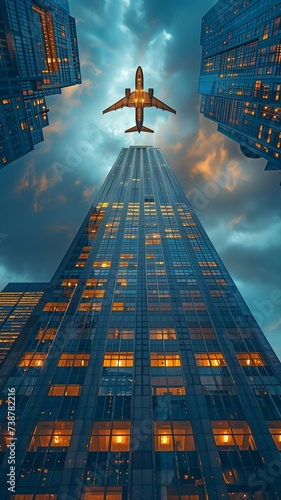A low perspective of skyscrapers with an aeroplane soaring in the sky