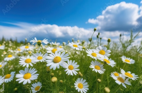 Beautiful field meadow flowers chamomile, blue wild peas in morning against blue sky with clouds, nature landscape, close-up macro. Wide format, copy space. Delightful pastoral airy artistic image.