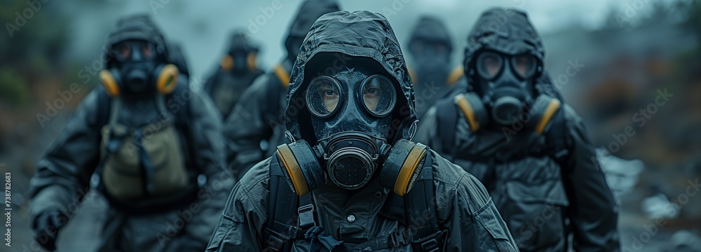 Fearful, multicultural friends fleeing from strange individuals wearing gas masks and ppe suits in an escape room Fearful, multicultural friends fleeing from strange individuals wearing gas masks and ppe suits in an escape room