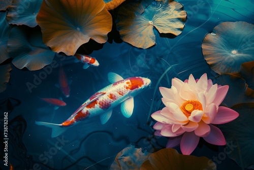 a fish swimming in water with lily pads and lily pads photo