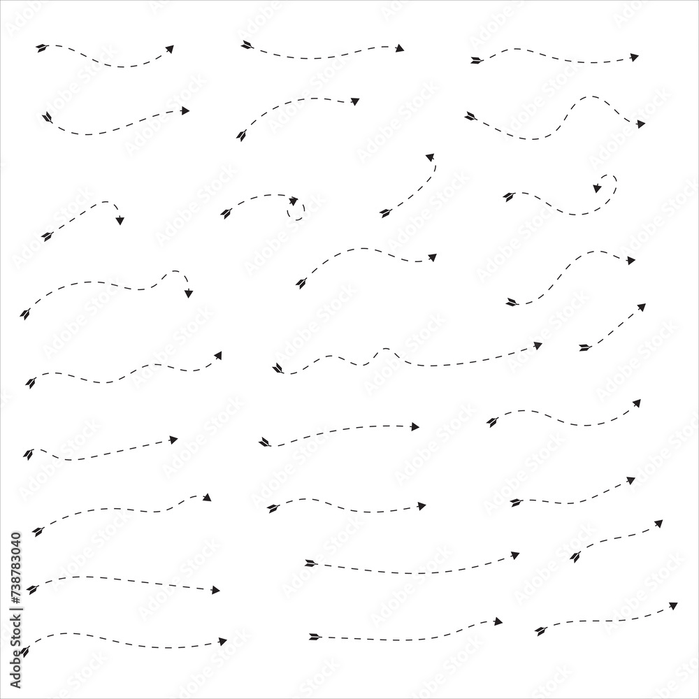Set of black dotted arrows in doodle style. Broken arrows in the form ...