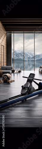 Blue exercise machine in a room with a view of snow-capped mountains and a lake.