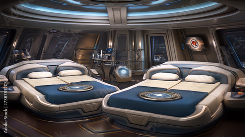 Futuristic bedroom interior concept art in blue and white with two beds